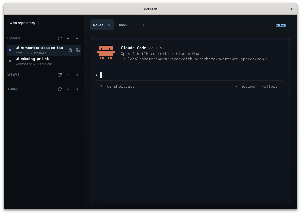 The Splay app: a sidebar of repositories and workspaces on the left, and a Claude Code session running in a terminal tab on the right.